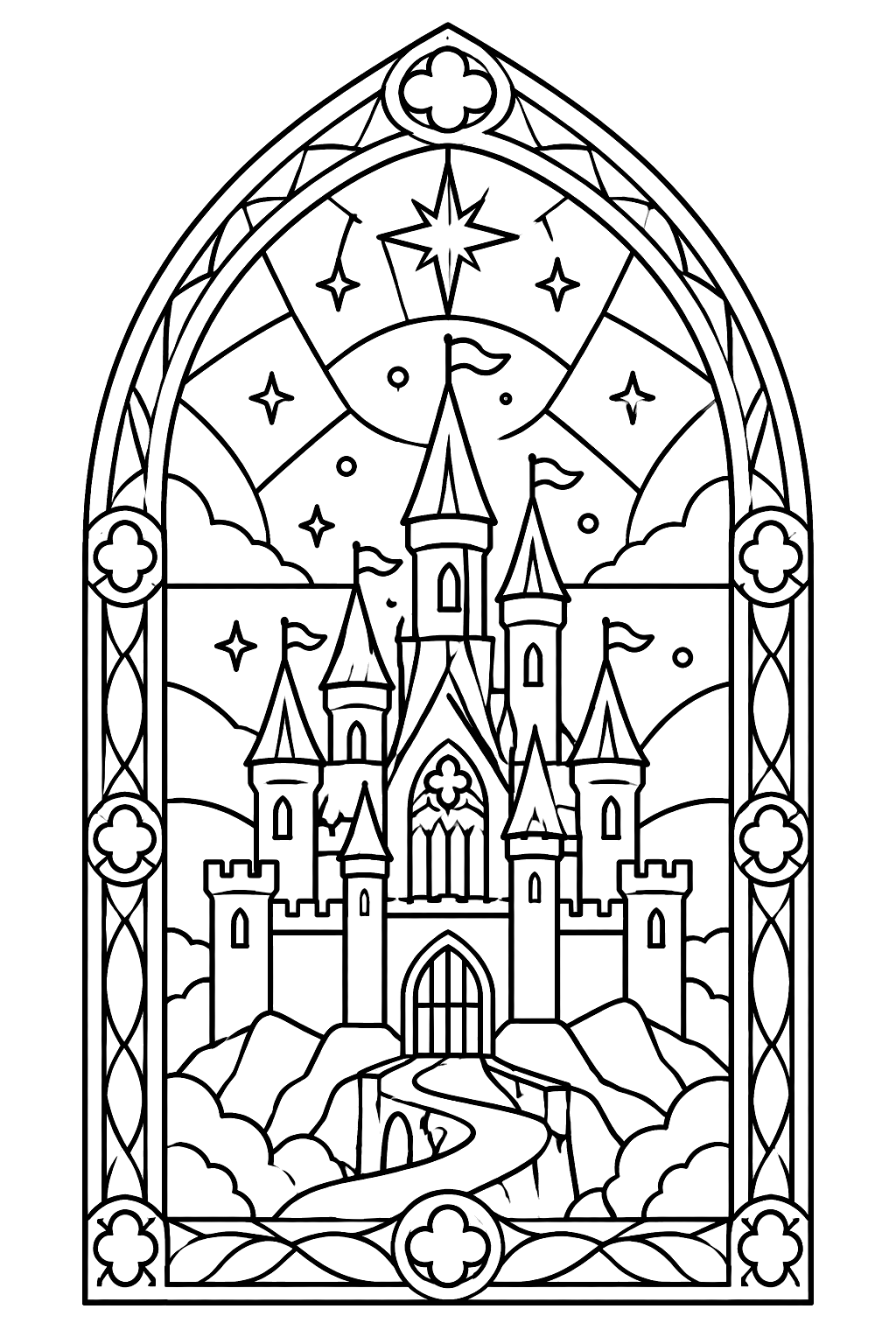Castle in a stained glass window design with ornate panes and a starry sky coloring page