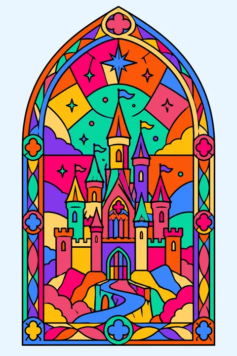 Castle in a stained glass window design with ornate panes and a starry sky coloring page