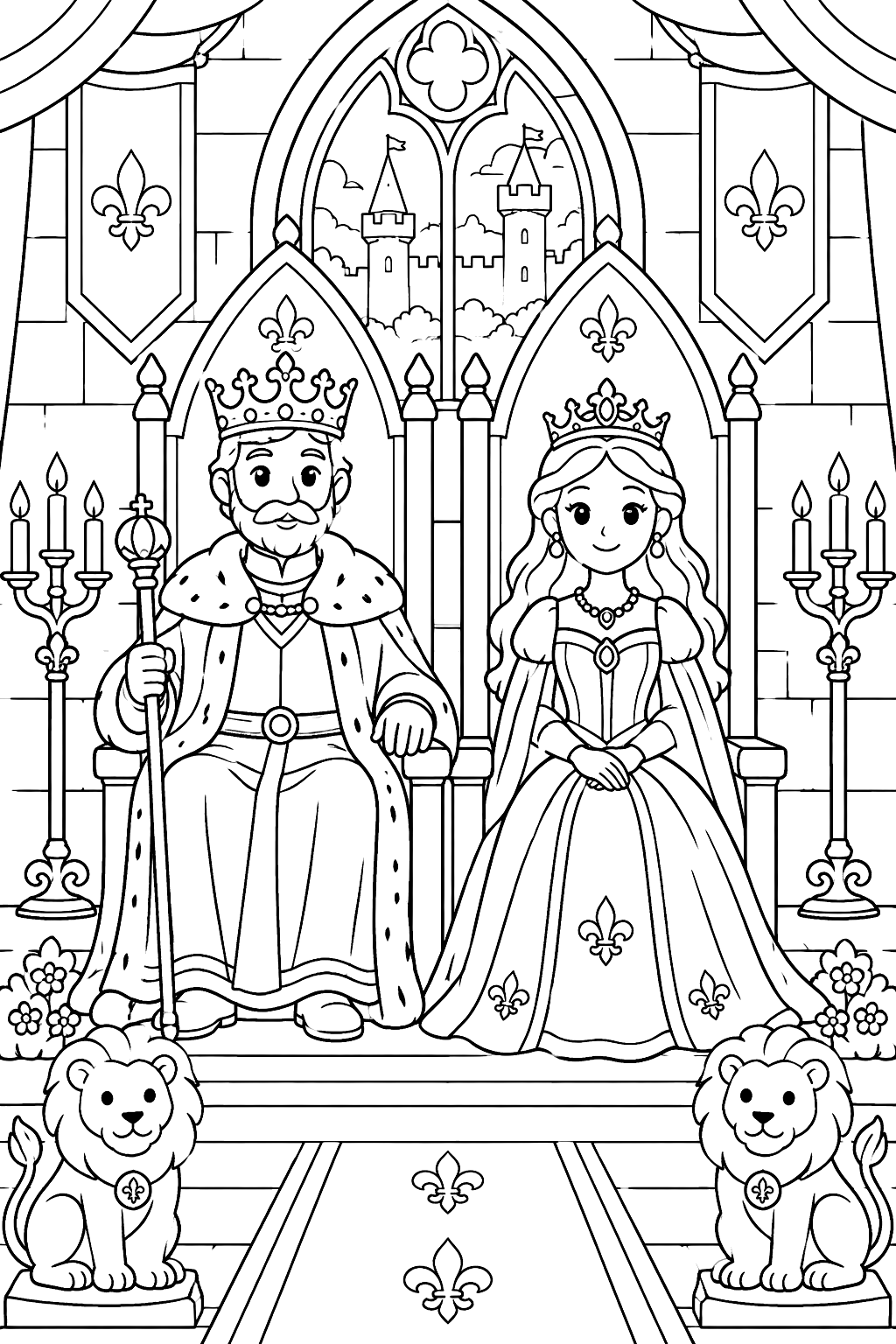Castle throne room with a king and queen on tall thrones coloring page
