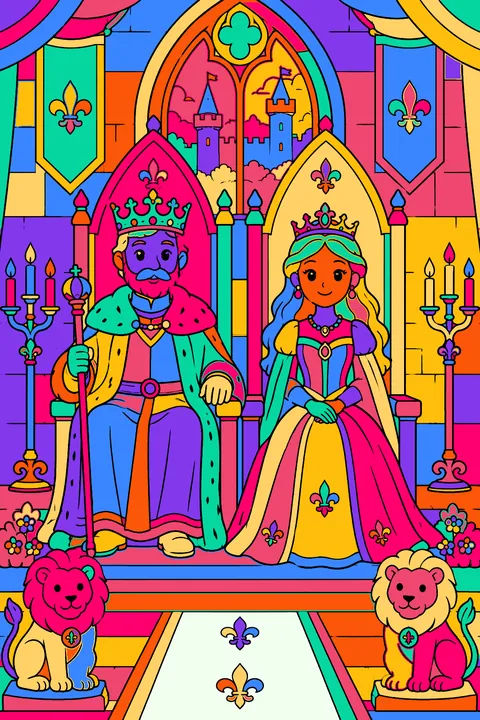 Castle throne room with a king and queen on tall thrones coloring page