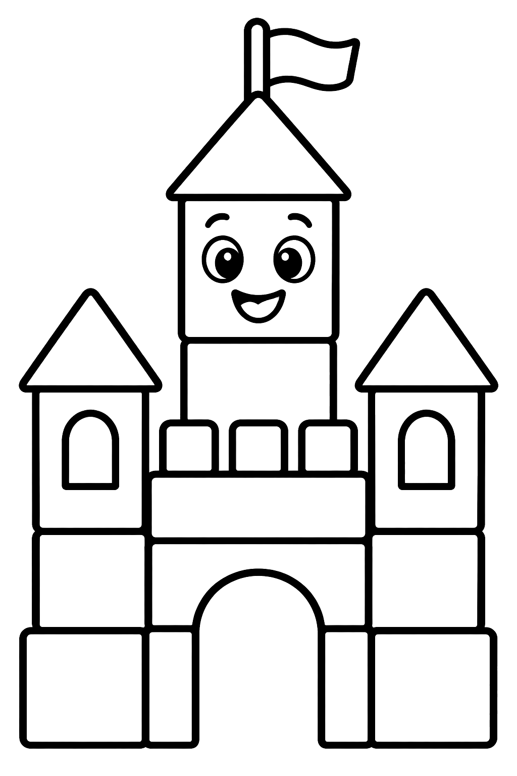 Castle built from toy blocks with a smiling face on the tallest tower coloring page