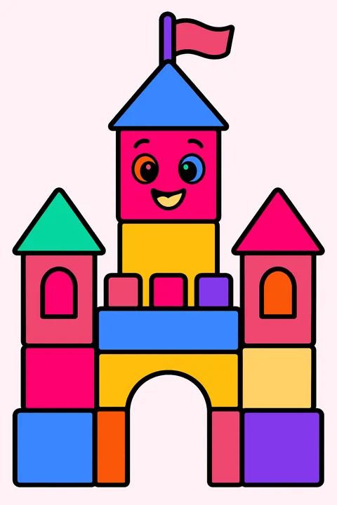 Castle built from toy blocks with a smiling face on the tallest tower coloring page