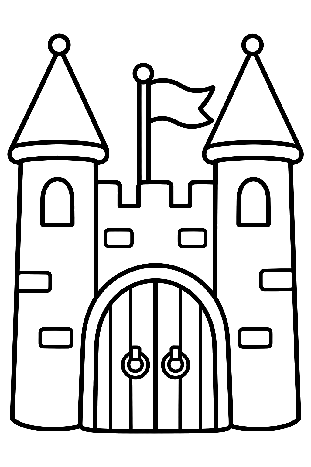 Castle with two tall towers, a flag and a big wooden door coloring page