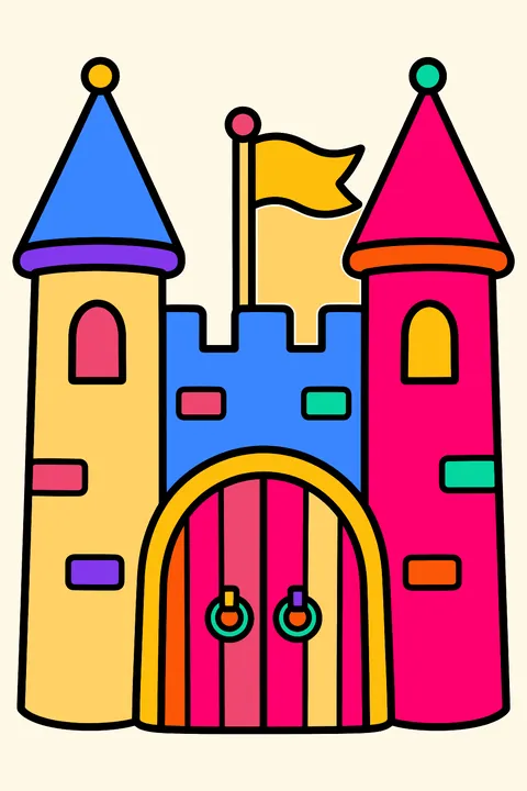 Castle with two tall towers, a flag and a big wooden door coloring page