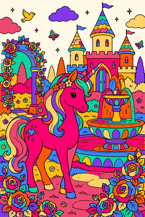 Castle garden with a unicorn, a fountain and rose bushes coloring page