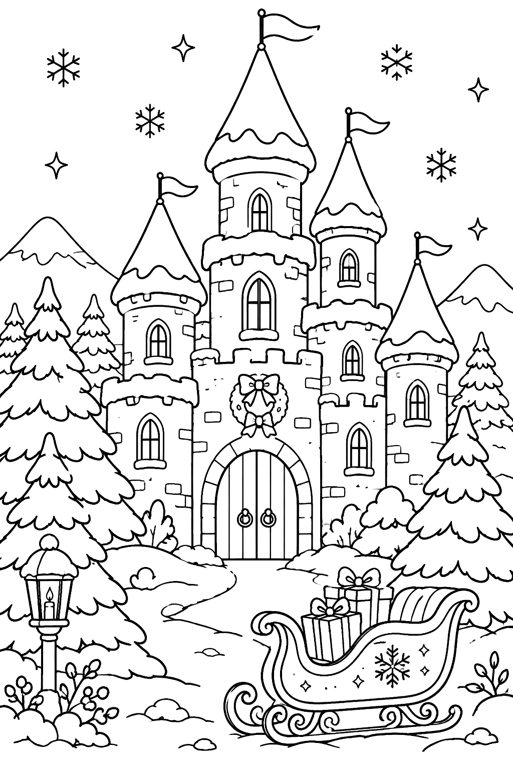 Castle in winter with snow-covered roofs, pine trees and a sleigh coloring page