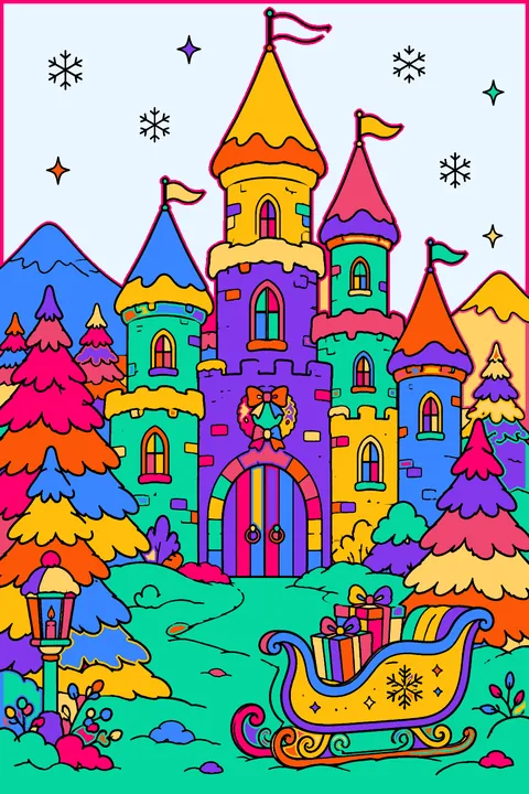 Castle in winter with snow-covered roofs, pine trees and a sleigh coloring page