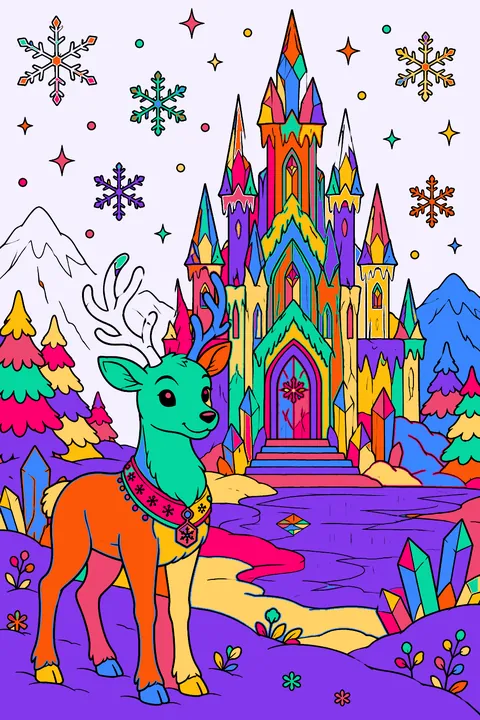 Ice castle with frozen spires, snowflakes and a reindeer standing outside coloring page