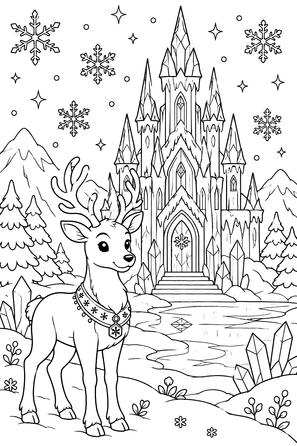 Ice castle with frozen spires, snowflakes and a reindeer standing outside coloring page