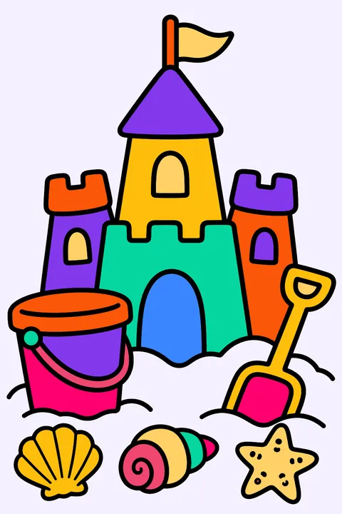 Sandcastle on the beach with a bucket, a shovel and seashells coloring page