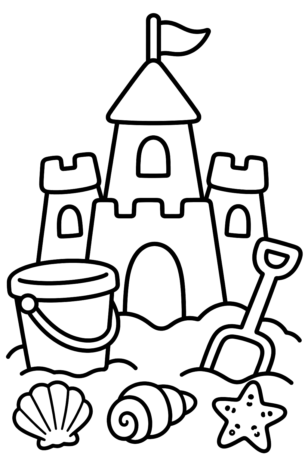 Sandcastle on the beach with a bucket, a shovel and seashells coloring page