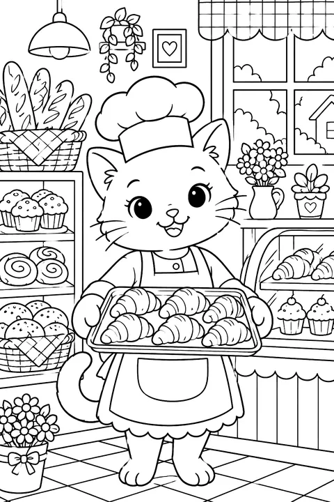 Cat baker holding a tray of croissants in a bakery coloring page
