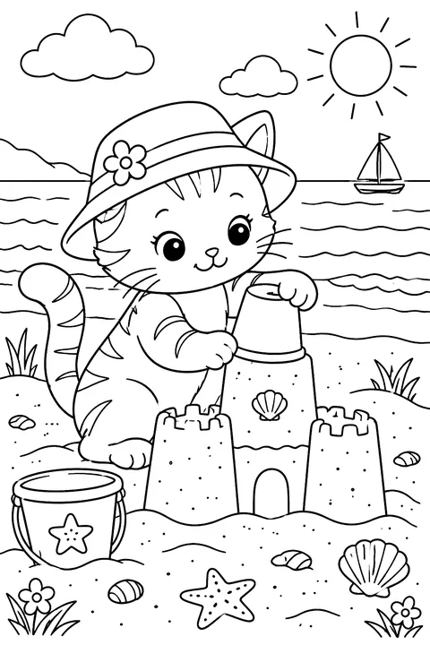 Cat building a sandcastle at the beach coloring page