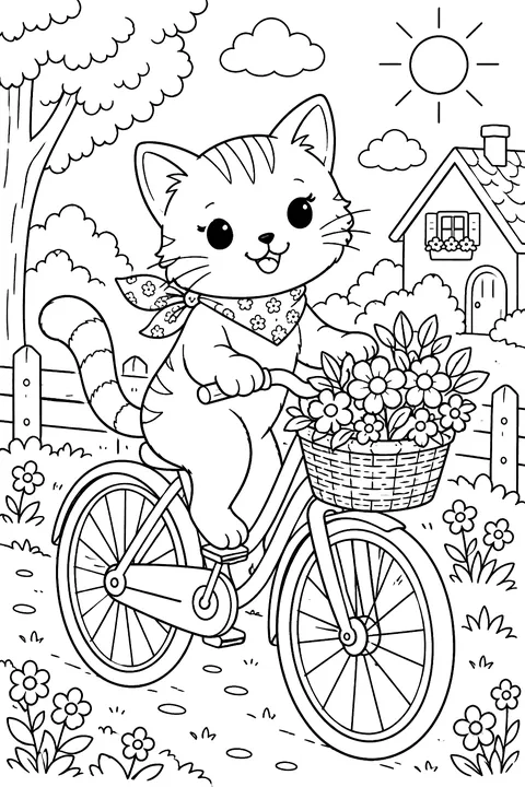Cat riding a bicycle with a flower basket coloring page