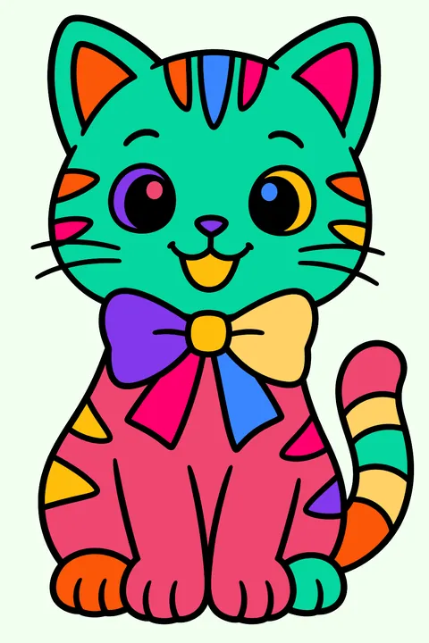 Striped kitten with a big bow around its neck coloring page