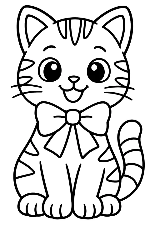 Striped kitten with a big bow around its neck coloring page