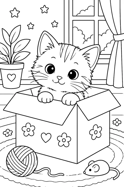 Kitten peeking out of a cardboard box coloring page