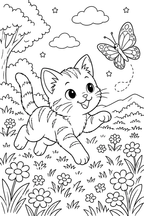 Kitten chasing a butterfly in a meadow coloring page