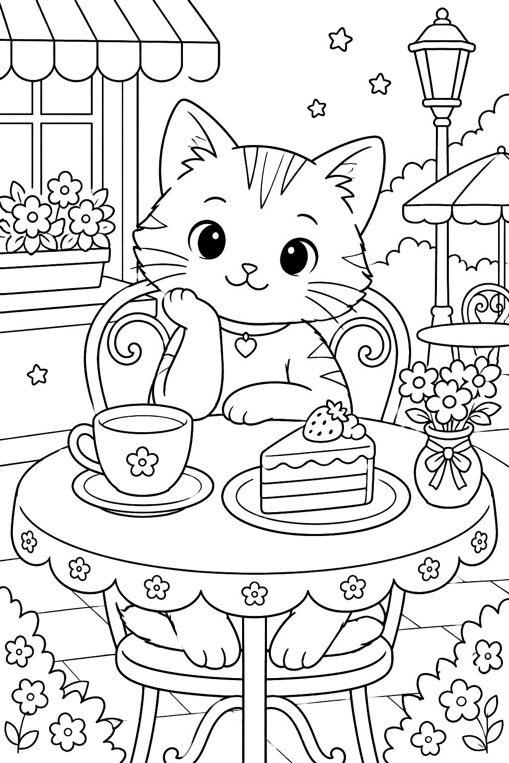 Cat at a cafe table with milk and a slice of cake coloring page