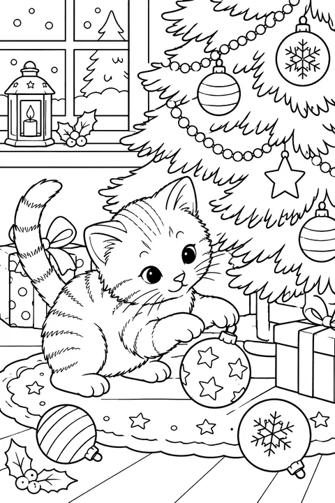 Kitten playing with ornaments under a Christmas tree coloring page