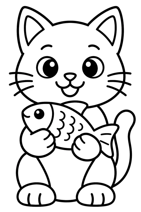Cat holding a fish coloring page