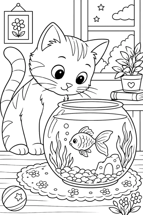Curious cat looking into a fishbowl with a goldfish coloring page