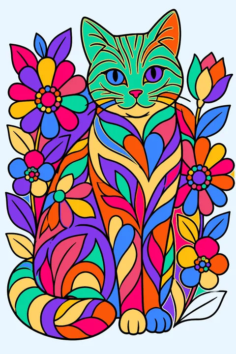 Sitting cat with patterned fur surrounded by flowers coloring page