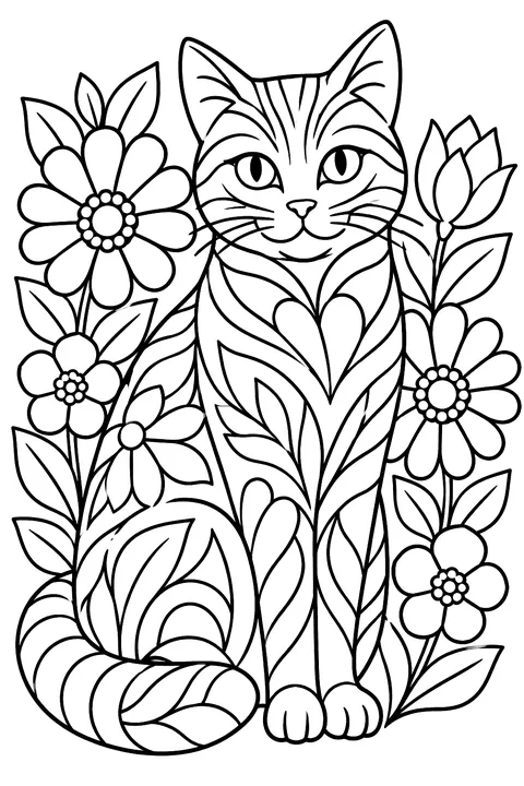 Sitting cat with patterned fur surrounded by flowers coloring page