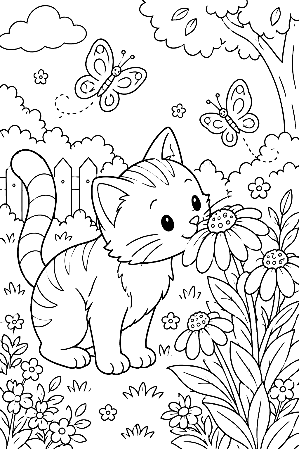 Cat sniffing flowers in a garden with butterflies coloring page