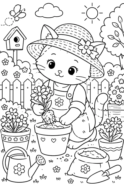 Cat in a straw hat planting flowers in pots coloring page