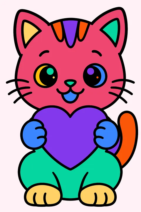 Kitten holding a heart coloring page