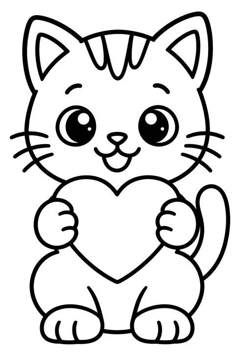 Kitten holding a heart coloring page