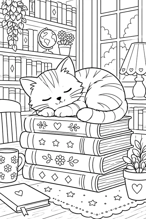Cat sleeping on a stack of books in a library coloring page