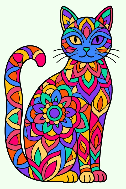 Cat silhouette filled with mandala patterns coloring page