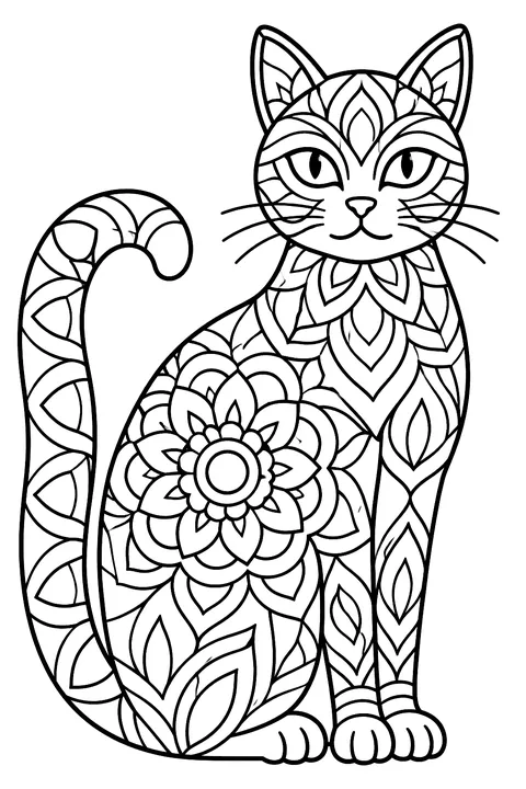 Cat silhouette filled with mandala patterns coloring page
