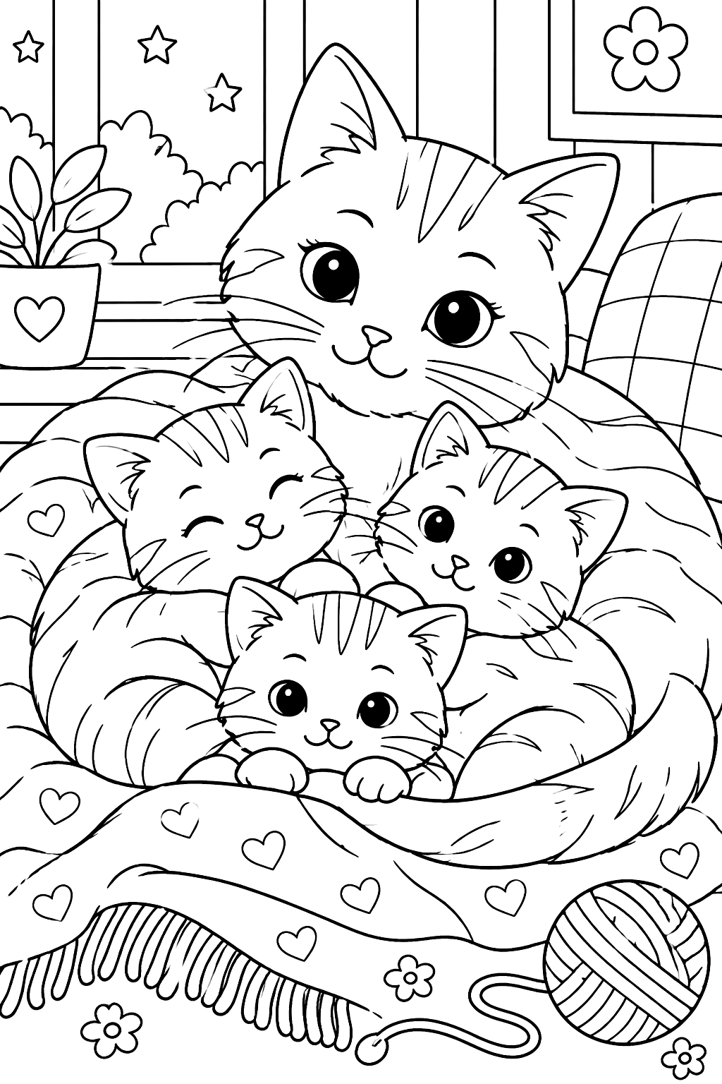 Mother cat cuddling kittens on a blanket coloring page