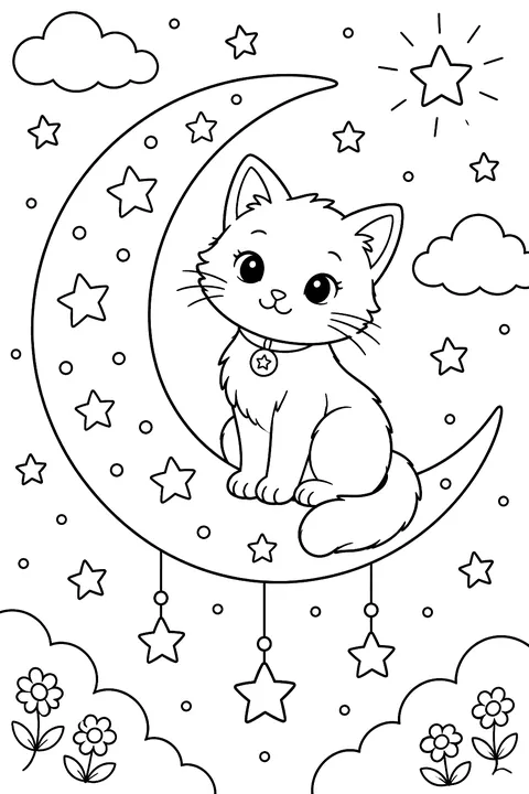 Cat sitting on a crescent moon among stars coloring page