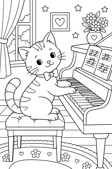 Cat playing the piano coloring page