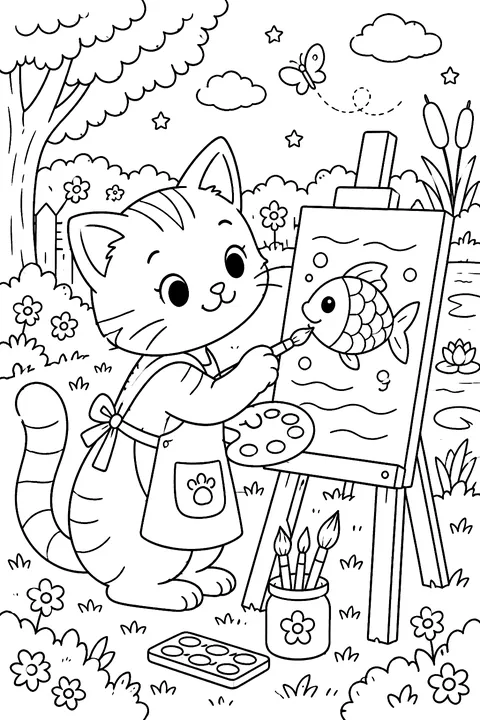 Cat painting a fish at an easel coloring page