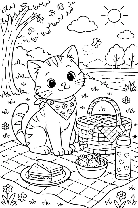 Cat at a park picnic with a basket and blanket coloring page