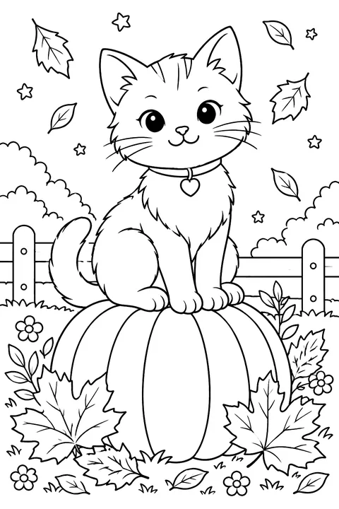 Cat sitting on a pumpkin with autumn leaves coloring page
