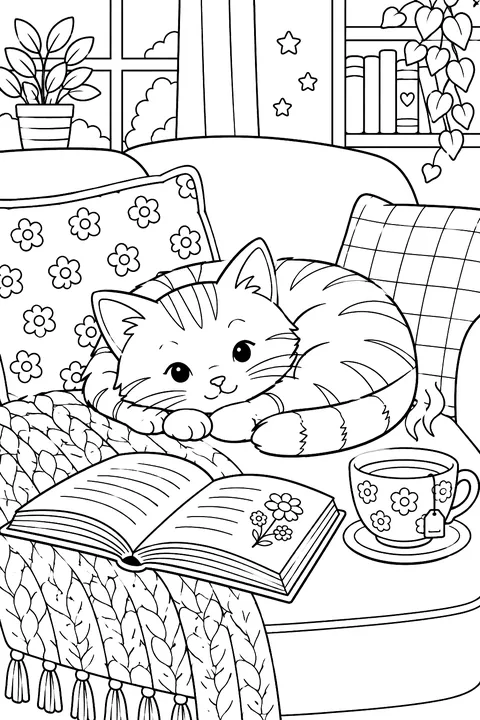 Cat curled up beside an open book and a cup of tea coloring page
