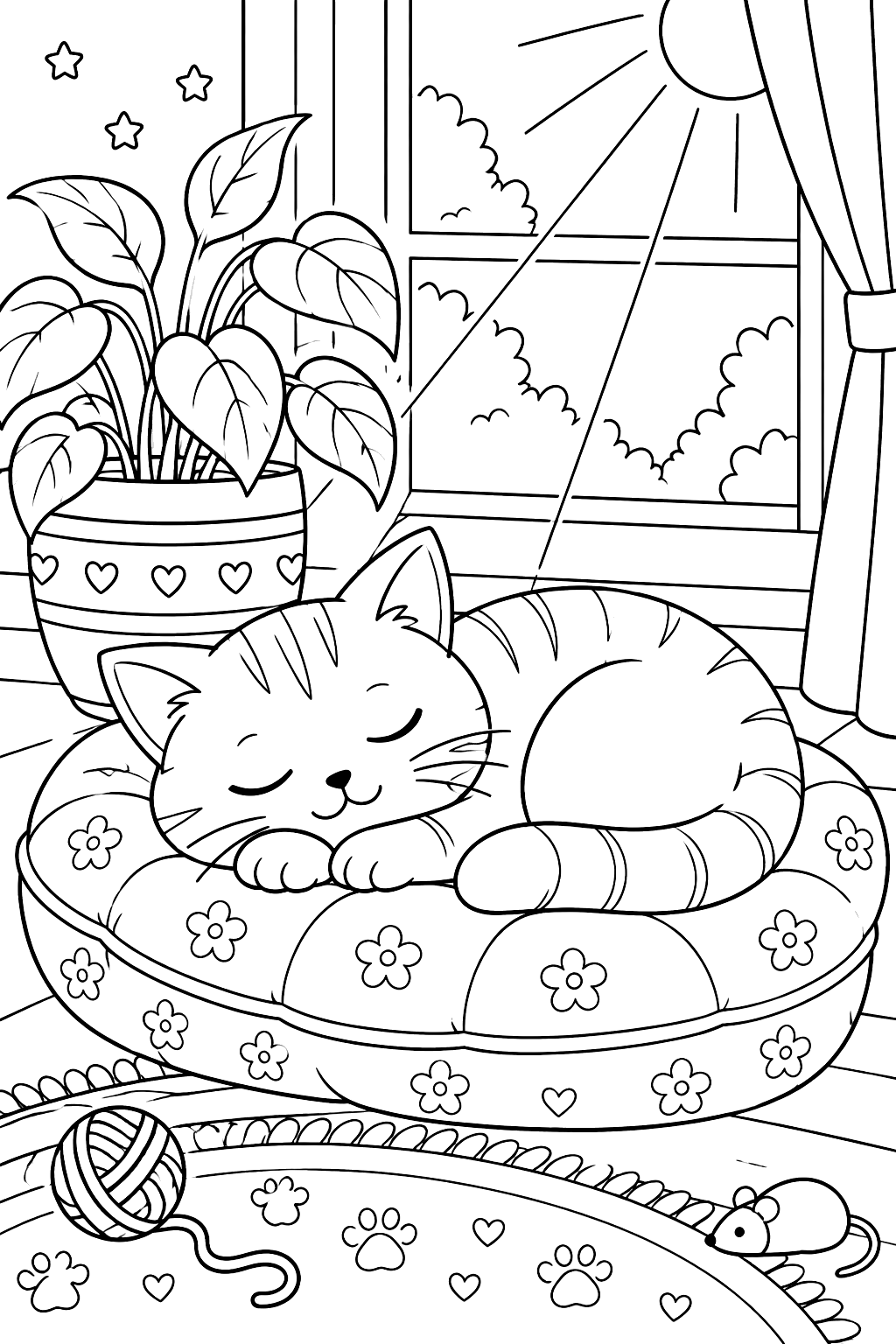 Cat sleeping in a sunbeam on a cushion beside a plant coloring page