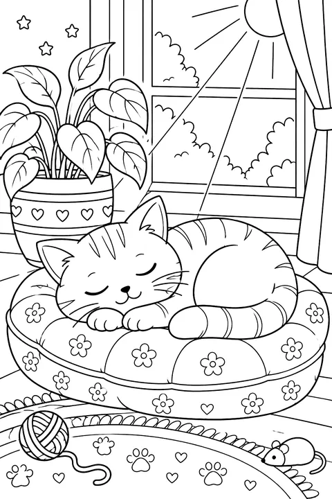 Cat sleeping in a sunbeam on a cushion beside a plant coloring page