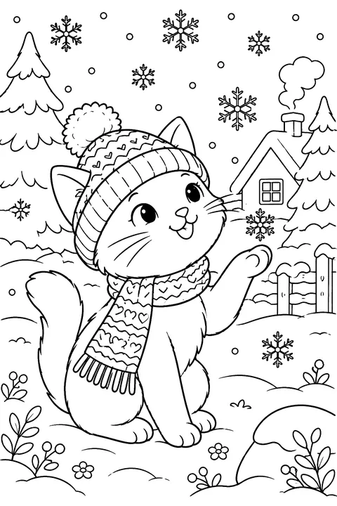 Cat in a knitted hat catching snowflakes coloring page