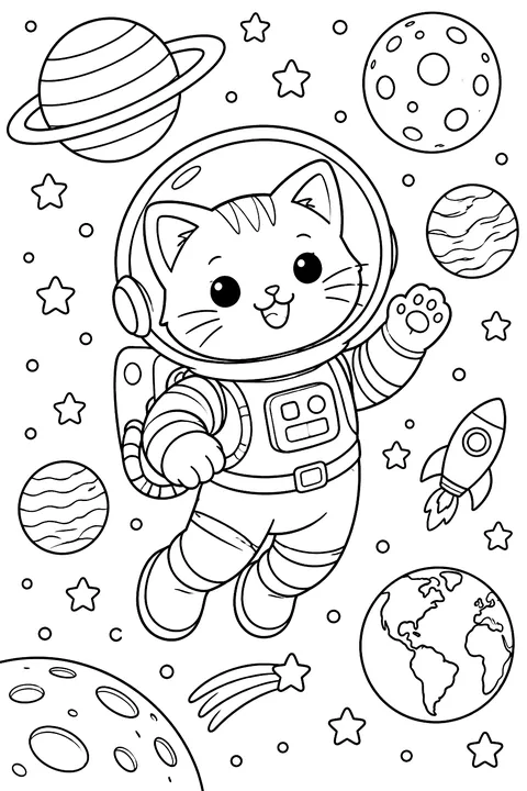 Cat astronaut floating among planets and stars coloring page