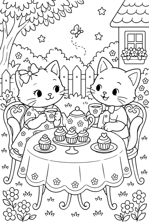 Two cats having a tea party with cupcakes and a teapot coloring page