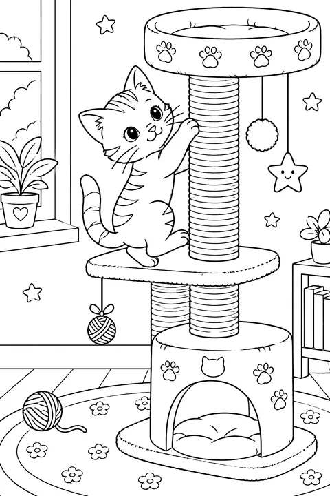 Kitten climbing a cat tree with hanging toys coloring page
