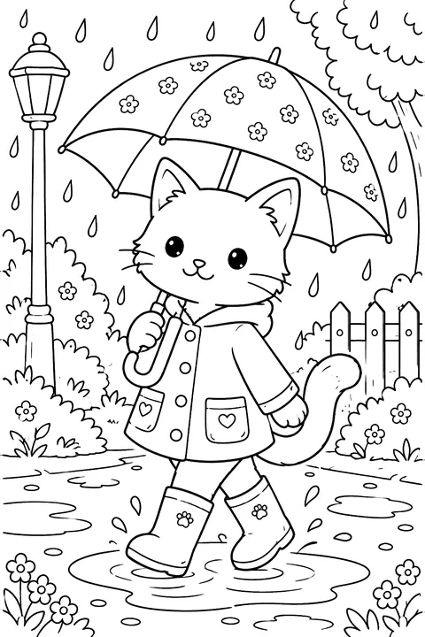 Cat with an umbrella walking in the rain coloring page