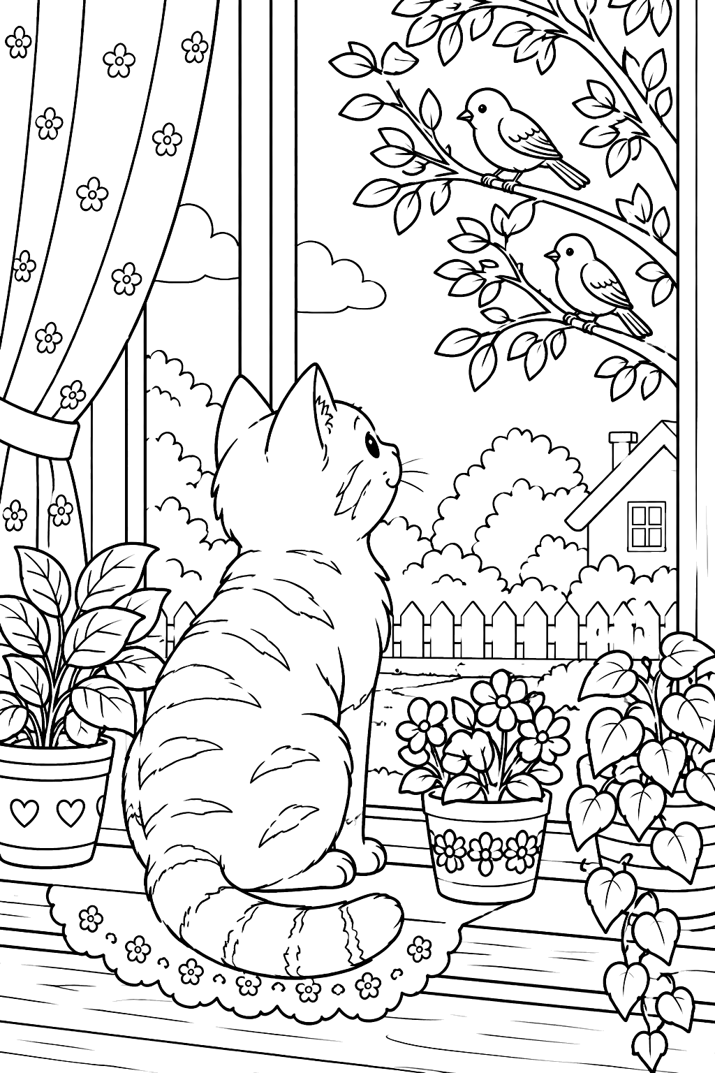 Cat on a windowsill watching birds with potted plants coloring page